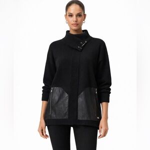 DARKWIN Black Knit faux Leather Panel Cape Sweater Oversized Large XL